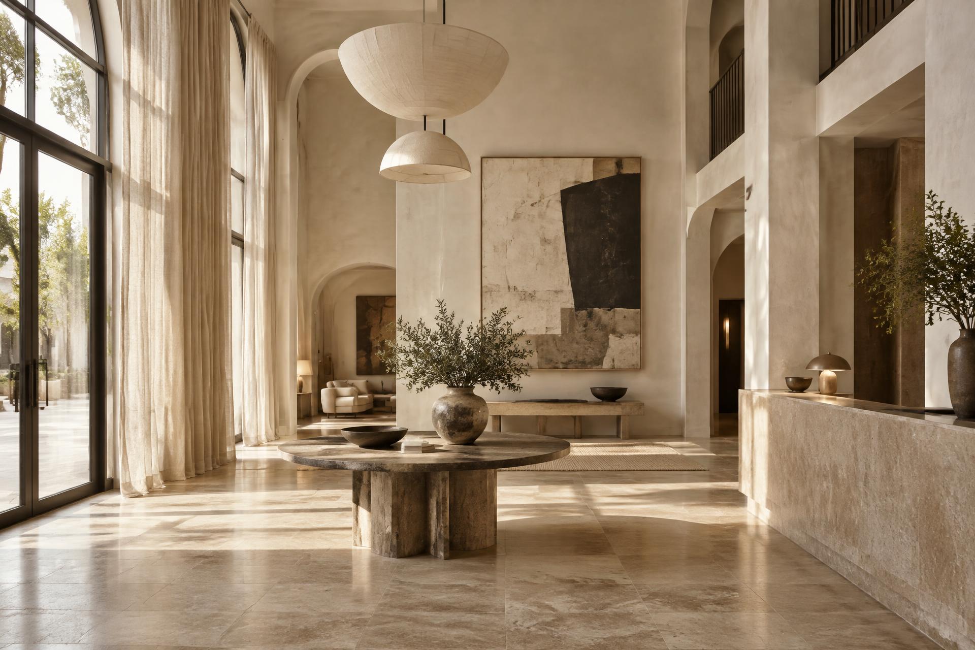 Reception hall of DADA Art Gallery Hotel with a large contemporary painting and warm afternoon light